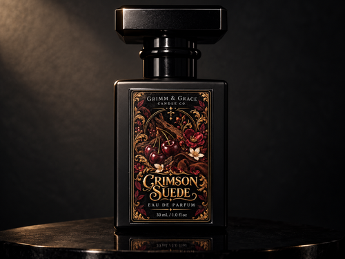 Crimson Suede eau de parfum bottle by Grimm & Grace Candle Co.