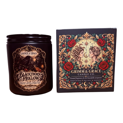 Blackthorn Hollow black candle jar and illustrated gift box